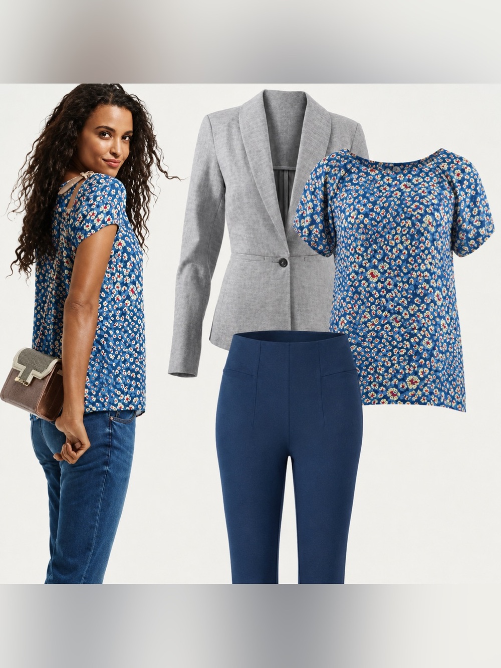 CAbi #299 Button Back Blouse Blue Flowy Spring Floral Effortlessly Elegant S